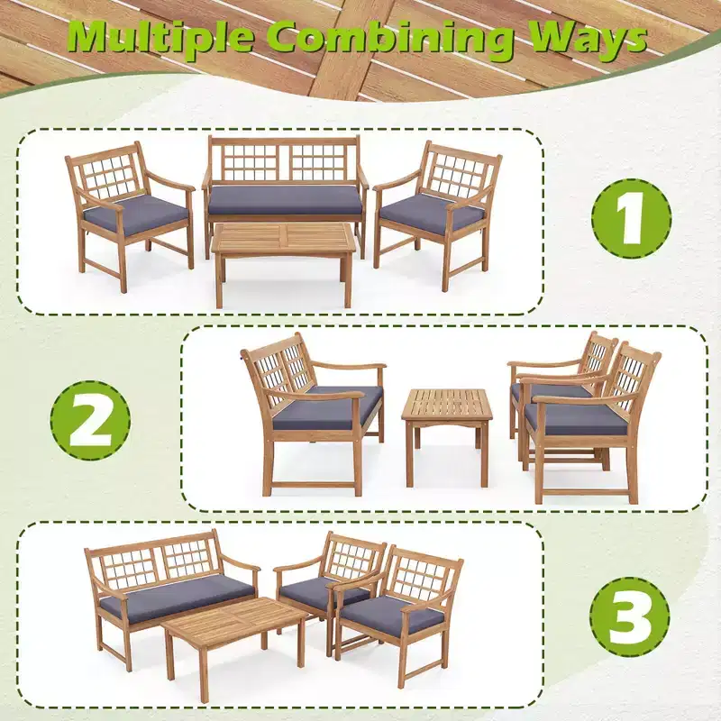 Costway 4 PCS Wood Patio Furniture Set with Soft Seat Cushions Solid Acacia Wood Frame Off White/Gray