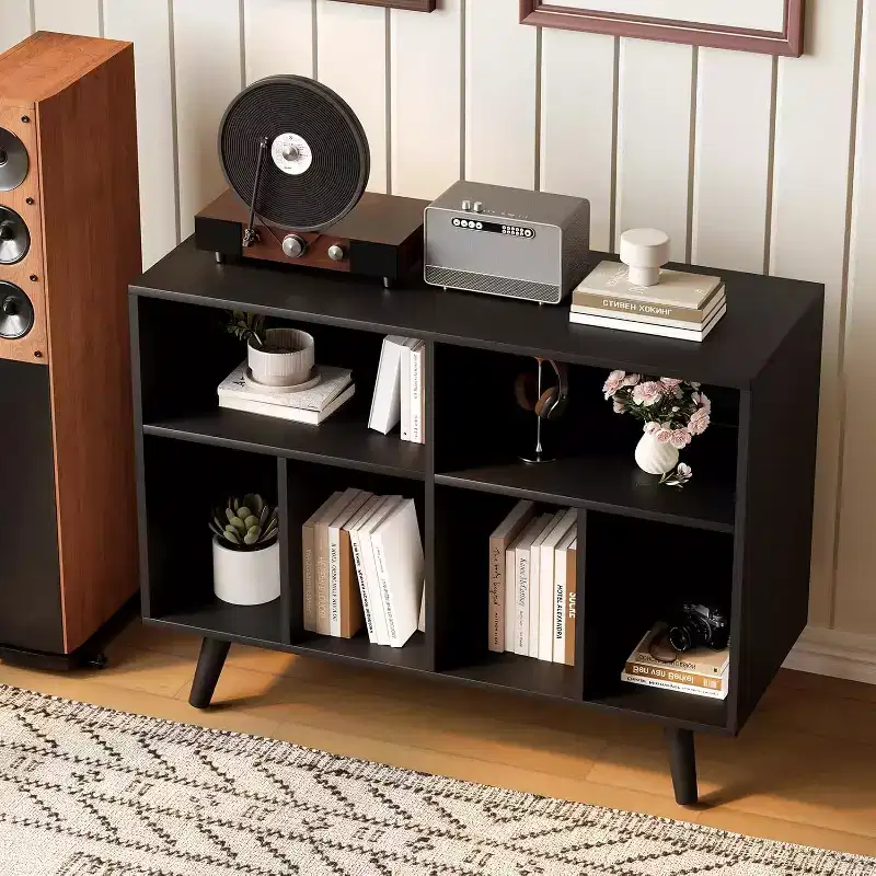 Large Record Player Stand, Wood Vinyl Record Storage with Power Outlet, Record Player Shelf Holds 350 Albums for Living Room