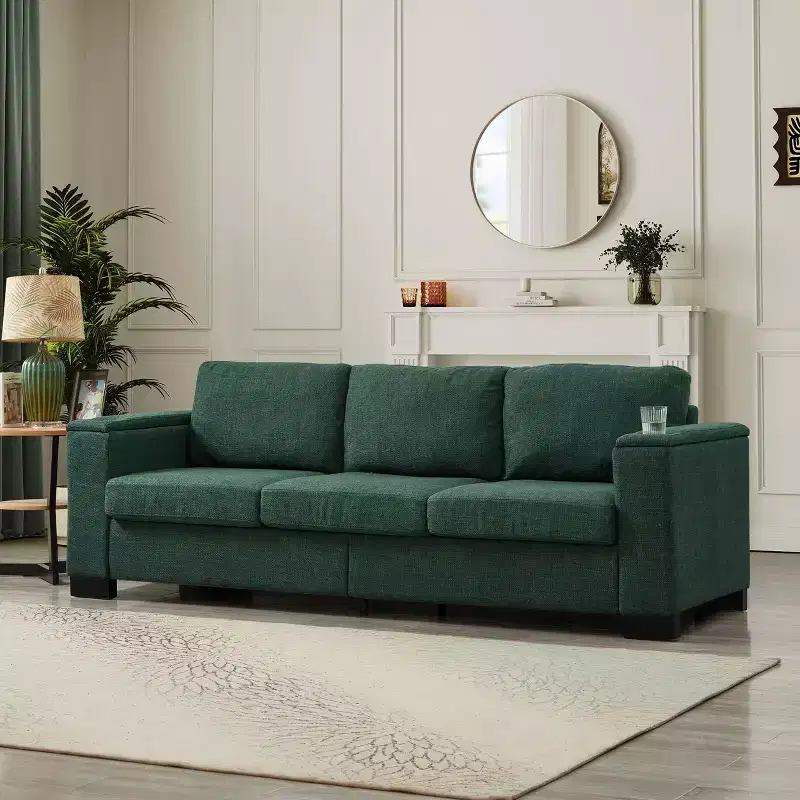 MAYEERTY 93.7 Modern Style Living Room Sofa Fabric Couch Square Arm Sofa with Cup Holder Upholstered Polyester Green