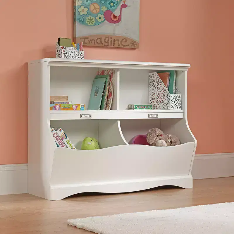 Twin Bookcase/Footboard - Soft White, 4 Cubbyhole Shelves with Storage Bins