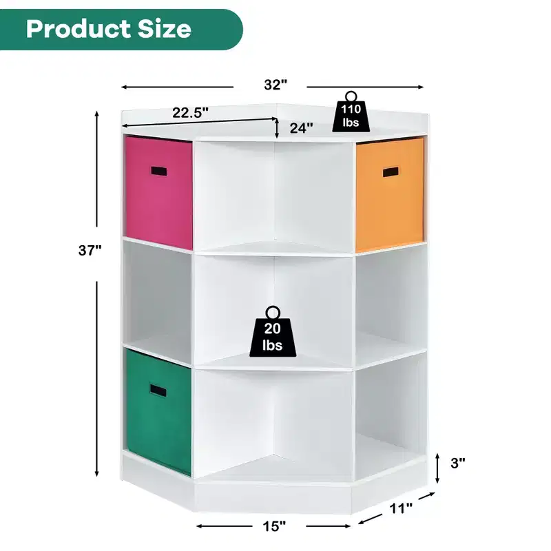 Costway 3-Tier Kids Storage Shelf Cubes w/3 Baskets Corner Cabinet Organizer White