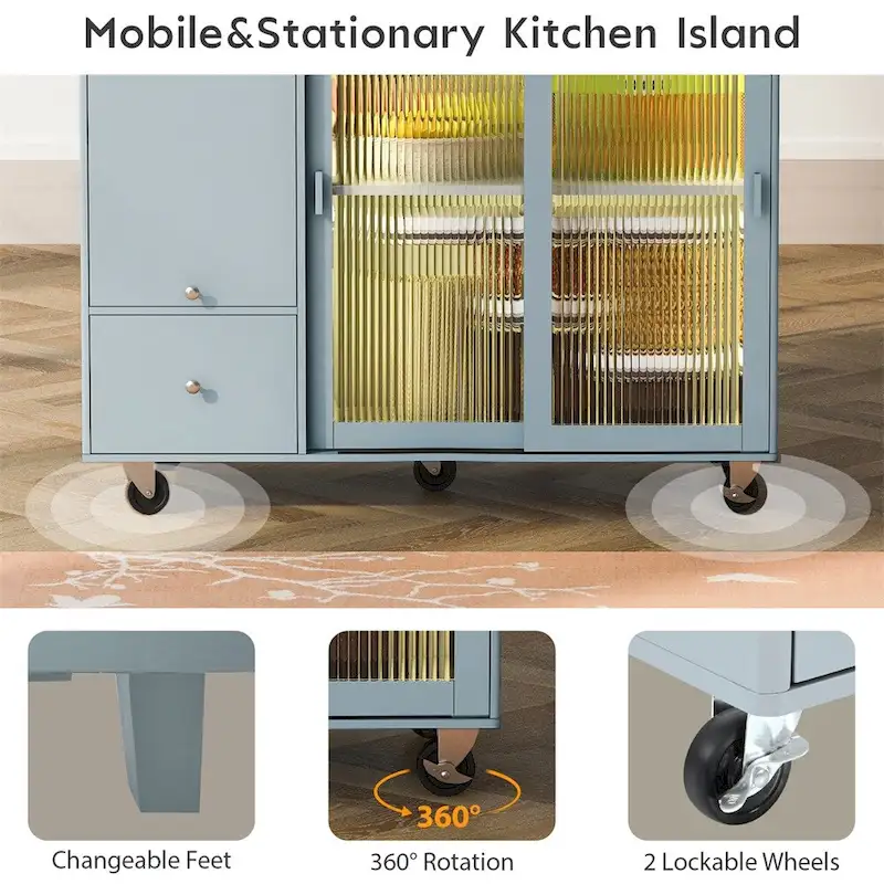 Kitchen Island with Drop Leaf,LED Light Kitchen Cart on Wheels