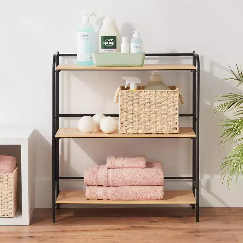 Folding 3-Shelf Black Metal with Natural Wood Shelves