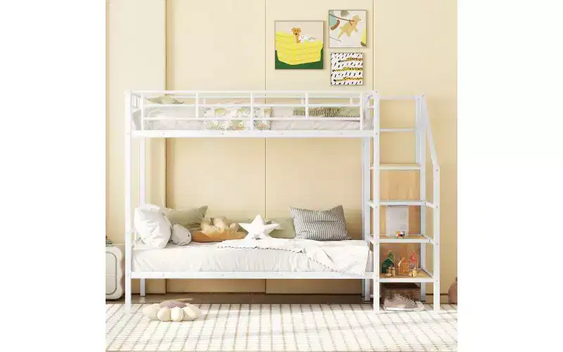 Twin-Over-Twin Metal Bunk Bed with Side Storage Steps and Integrated Wardrobe