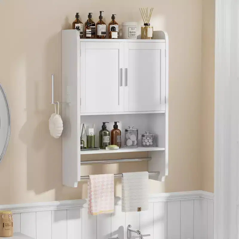 Bathroom Storage Cabinet, Wall Mount Storage Organizer with 2 Doors & 1 Open Shelf, White