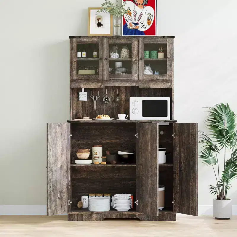 Versatile Freestanding Kitchen Pantry Cabinet - Farmhouse Brown, Built-In Charging Station, Spacious Countertop, Tall Hutch with Doors and Shelves