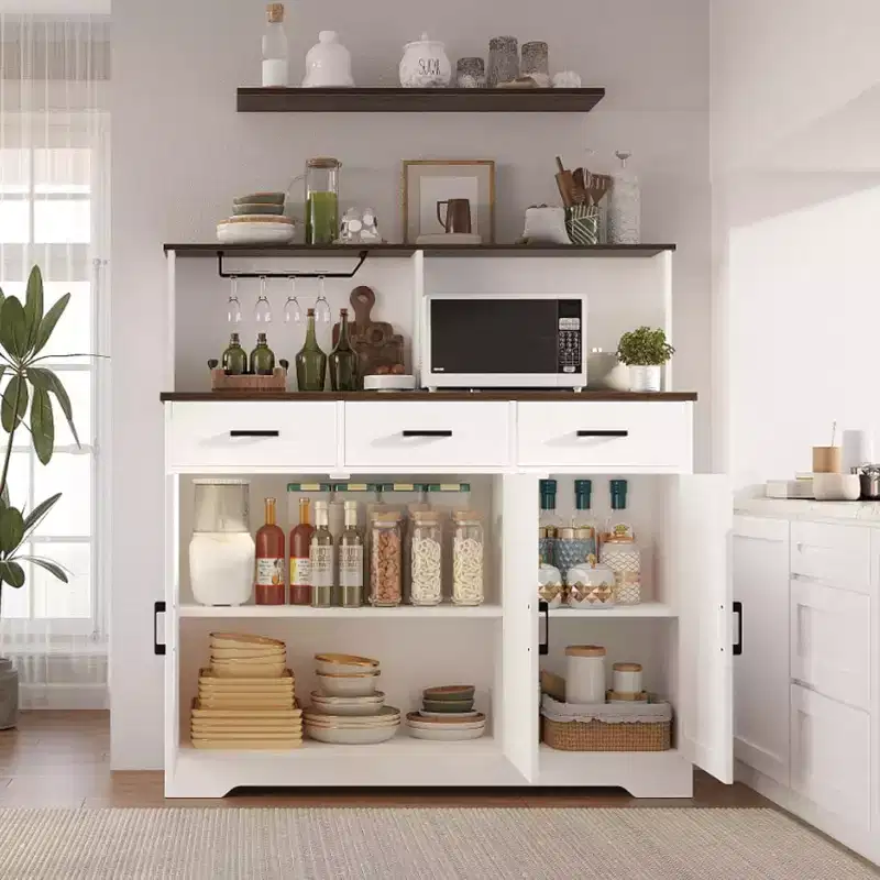 47.2 Sideboard with Storage, Wooden Large Storage Cabinet with 3 Doors, 3 Drawers and 1 Countertop, Suitable for Dining Room, Living Room