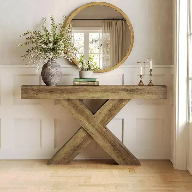 Lantine 55Entryway Console Table, X-Shaped Design Narrow Console Table, for Living Room Foyer Hallway, Entryway, Foyer,Rustic Brown