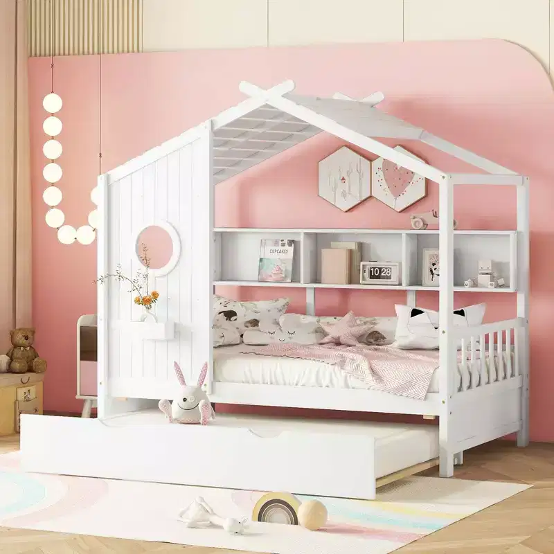 Twin Size House Bed with Trundle and Storage Shelf for Kids, White