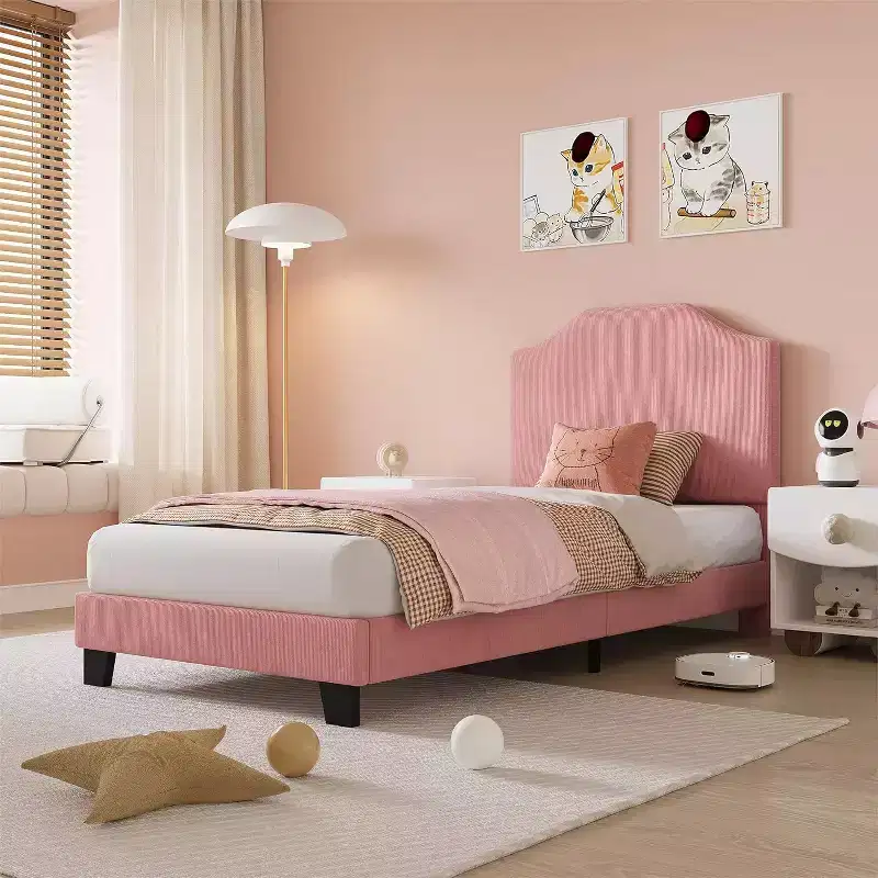 Twin Size Velvet Bed Frame, Adjustable Headboard, Soft Corduroy Upholstered Platform, Durable Wooden Slats, Noise Free, No Box Spring Needed, Pink