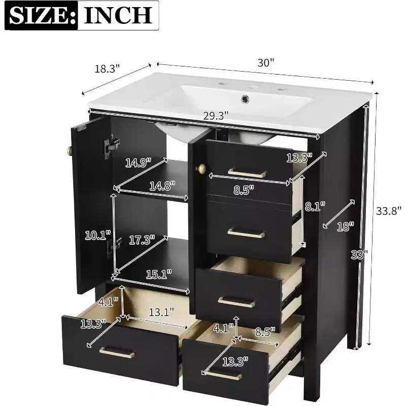 Bathroom Vanity Cabinet with Sink, Modern Wood Frame Bathroom Dresser Sets with 4 Drawers & 2 Soft Closing Doors, Bathroom Sink Cabinet
