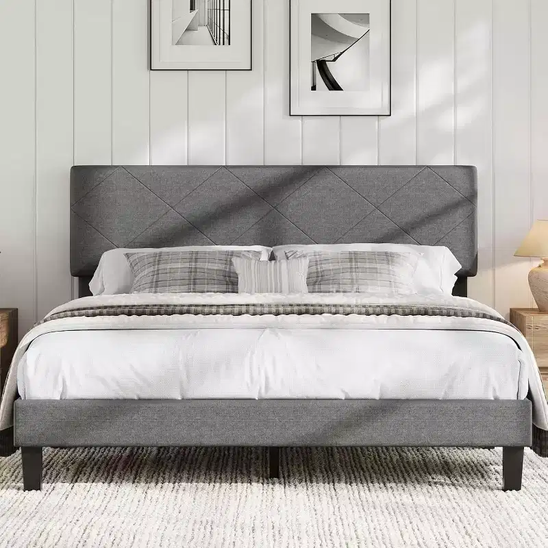 Bed Frame with Upholstered Headboard Wood Slat Support No Box Spring Needed