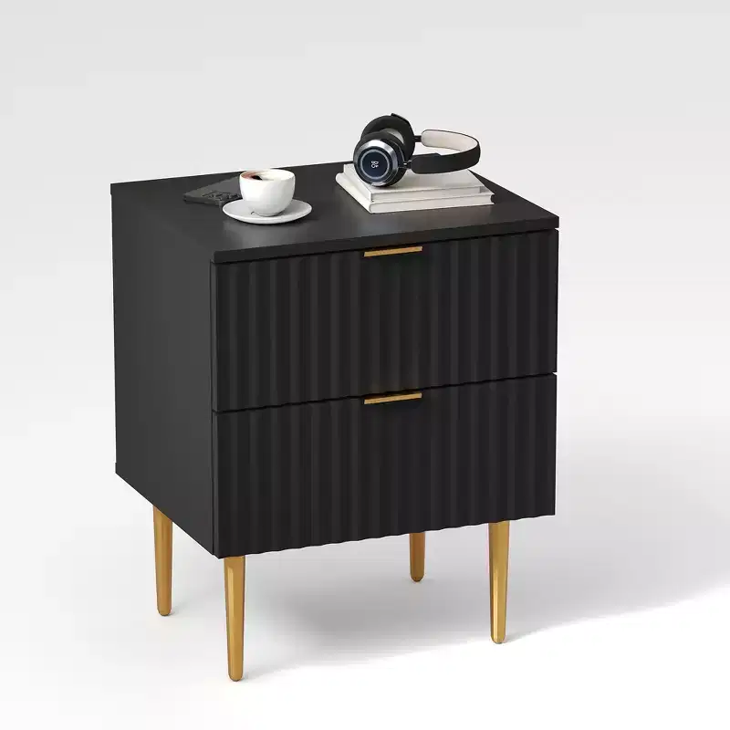 Modern Fluted Nightstand with 2 Drawers, Wooden End Table with Metal Legs, Bedside Table for Small Space, Sofa Side Table for Bedroom