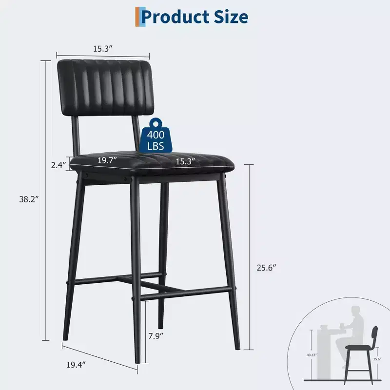 2 PCS Modern Bar Stools, 25.6 Counter Height with PU Leather & Metal Frame, 400 lb Capacity for Kitchen Island or Home Bar