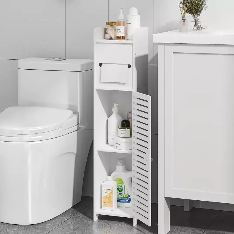VECELO Bathroom Corner Shelf Storage, Waterproof Corner Cabinet with Toilet Paper Roll, Narrow Storage Organizer for Small Spaces, White