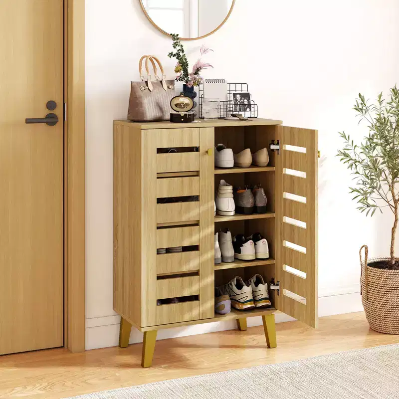 Costway 4-Tier Wooden Shoe Storage Cabinet with Doors Removable Shelves for Entryway