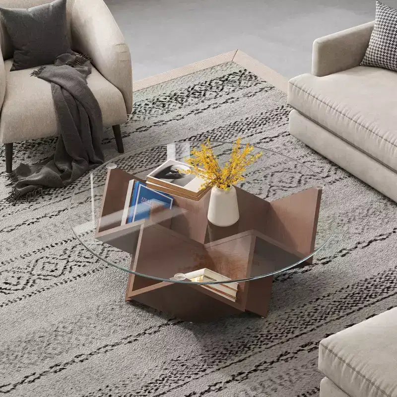 Round Coffee Table Glass Cocktail Table Center Table Sofa Side Table Accent Table with Geometric Abstract Art Base Storage Shelf, Walnut