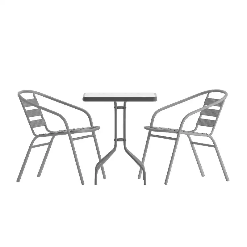 Emma and Oliver 23.5'' Square Glass Top Metal Table with 2 Aluminum Slat Stack Chairs