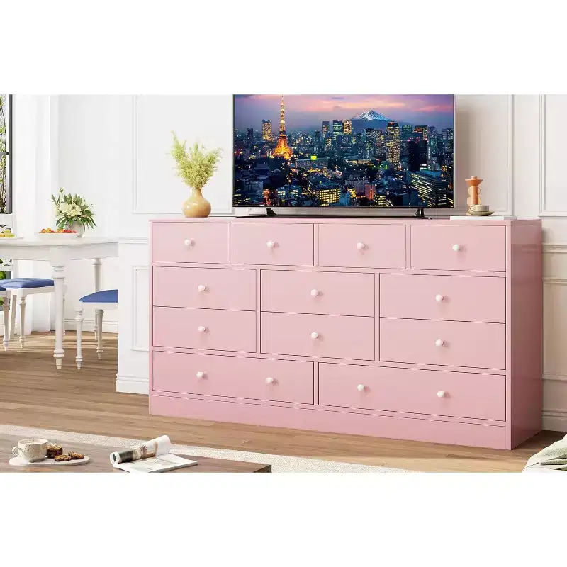 12 Drawer Dresser , 61 in Long Dresser TV Stand with Charging Station, Large Wooden Drawers for bedroom, Closet, Living Room,Pink