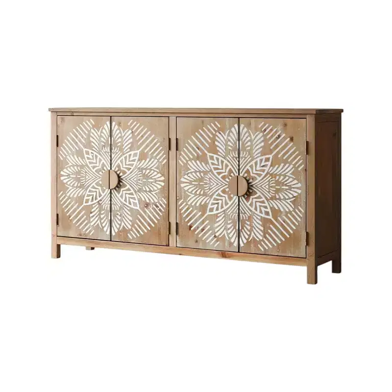 HomeRoots 60 Brown and White Wood Carved Floral Accent Cabinet With Four Doors