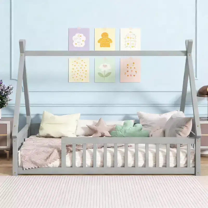 Luxystar Twin Size House Floor Flame Bed with Guardrails and Slats