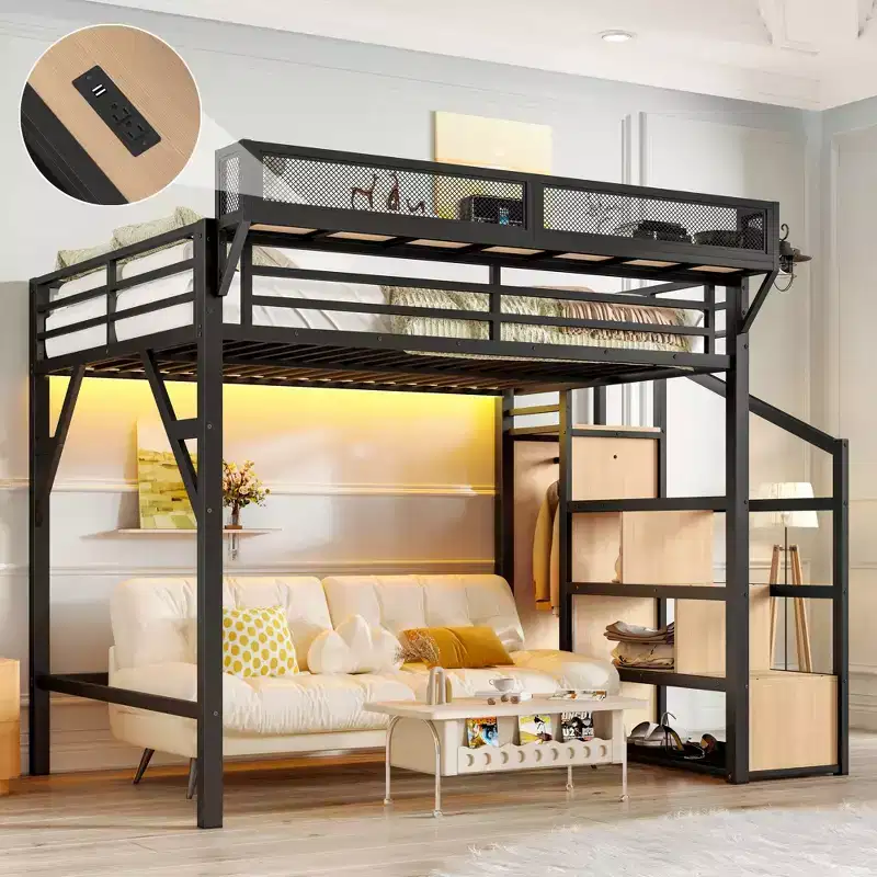 Full Loft Bed with Storage Stairs, Built-in Wardrobe & Shelves, Metal Frame, USB Ports, LED Lights, Noise-Reducing Design, Natural Wood