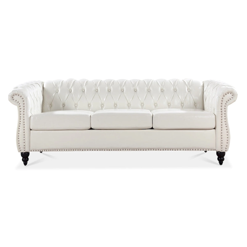 Classically Elegant 84.65 Three-Seater Rolled Arm Chesterfield Sofa in PU Leather - Sturdy Birch Legs, Soft Upholstery