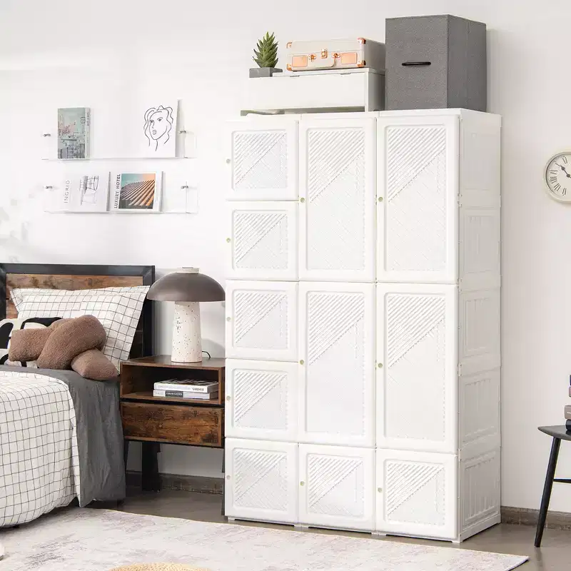Portable Foldable Wardrobe Armoire Closet with 10 Cube Compartments and Hanging Rods
