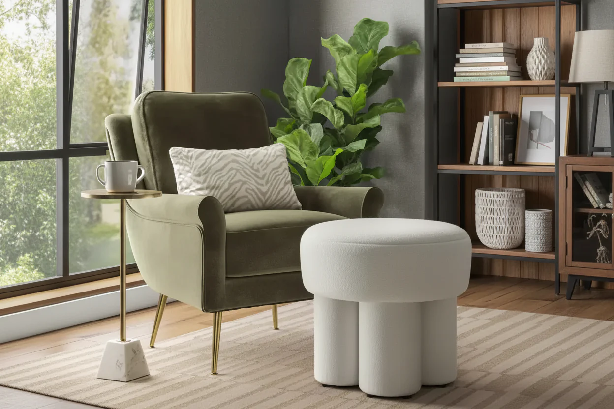 Boucle Fully Upholstered Accent Ottoman Stool