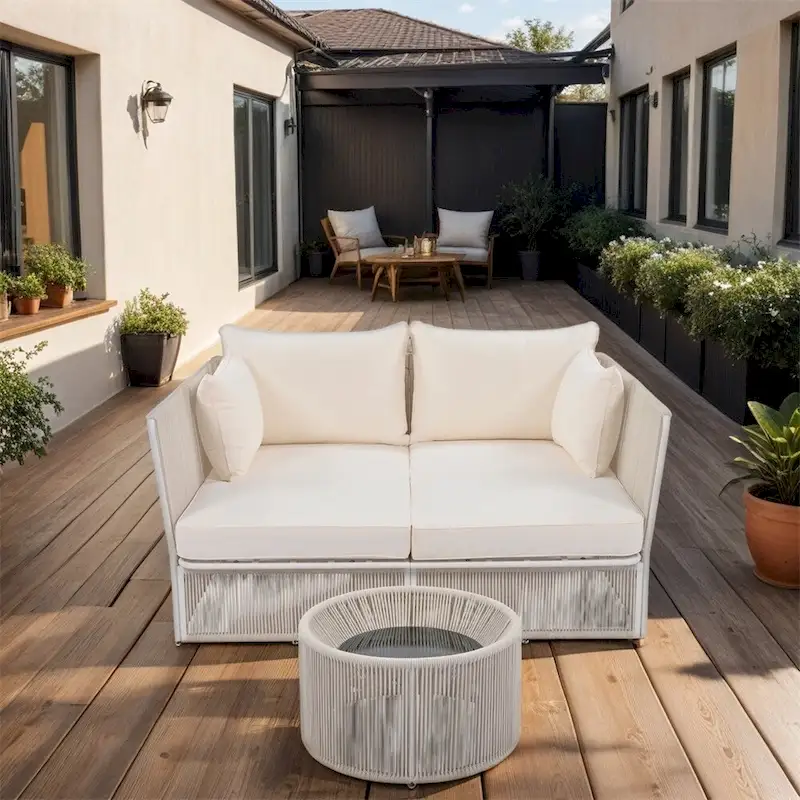 2 Piece Outdoor Loveseat Daybed Set with Tempered Glass Table