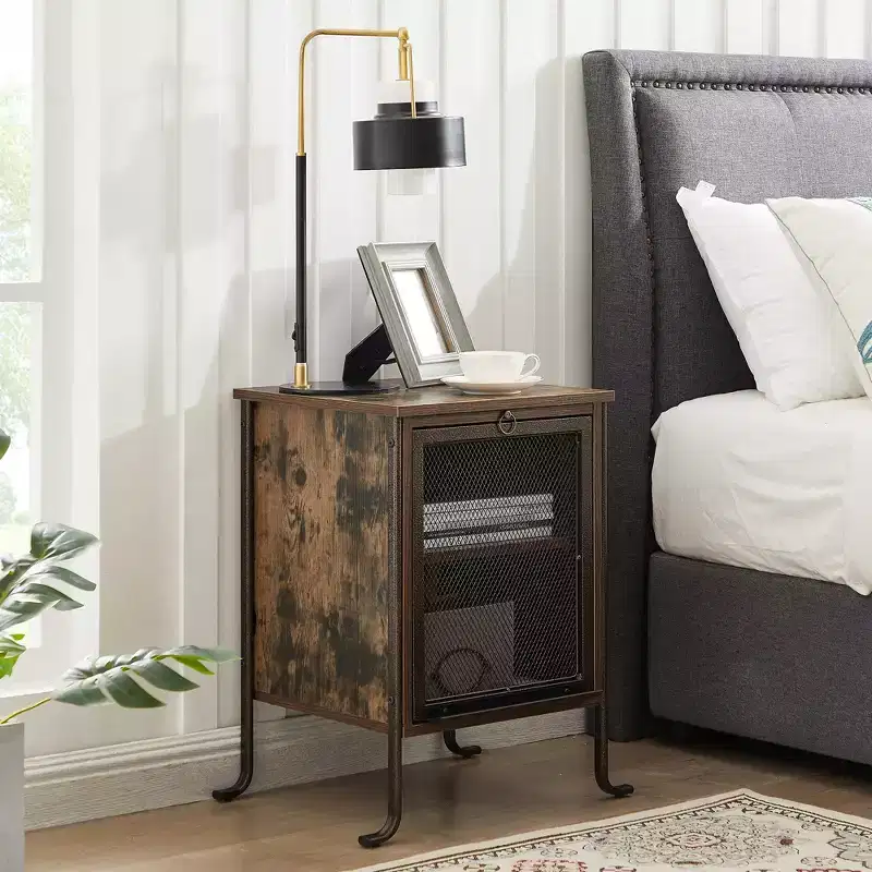 Nightstand with Pull-Out Tray and 2 Tier Storage Shelf, Steel Frame Side/End Table for Small Spaces, Brown