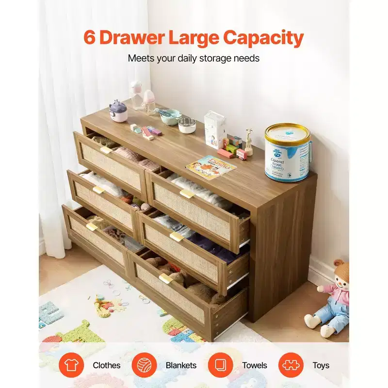 6-Drawer Rattan Double Dresser with Metal Handles Storage Cabinet for Bedroom Walnut