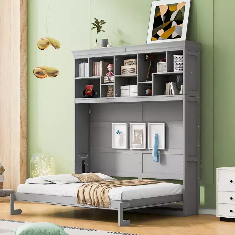 Modern Design Queen Size Murphy Bed Wall Bed, Folded into a Cabinet with Top Shelves and USB Ports