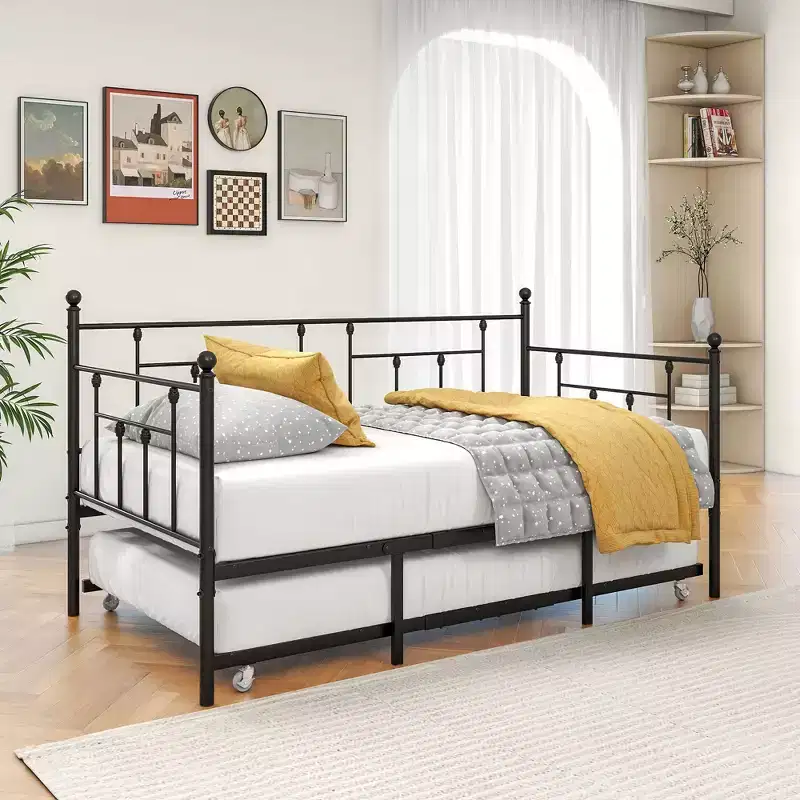 MAYEERTY Twin Size Metal Daybed with Trundle, 2-in-1 Sofa Bed, Space-Saving for Guest Room & Living Room, Black