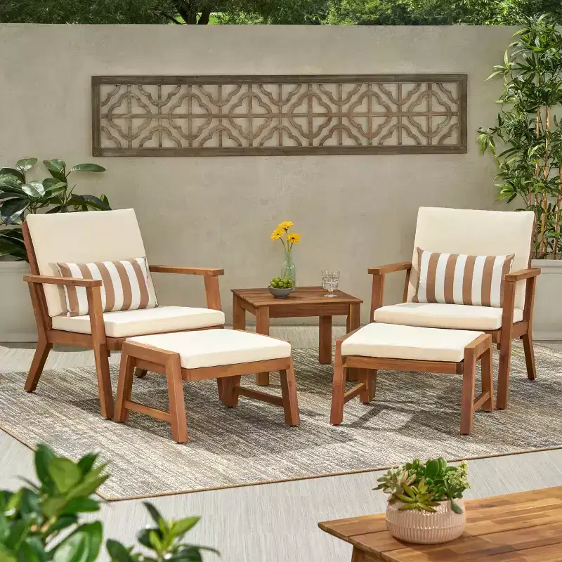 Christopher Knight Home Temecula Outdoor Acacia Wood 5 Piece Club Chair and Ottoman Chat Set with Cushions