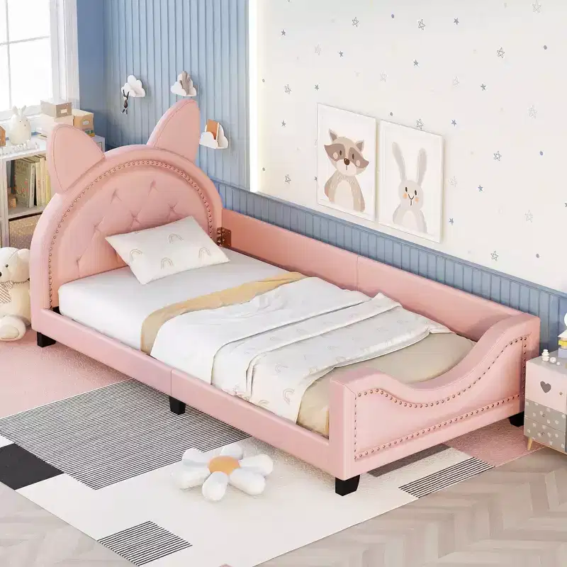 Twin Size Carton Daybed for Kids, PU Leather Daybed Frame with Ears Shaped Headboard and Rivet Decoration for Girls Boys, Pink