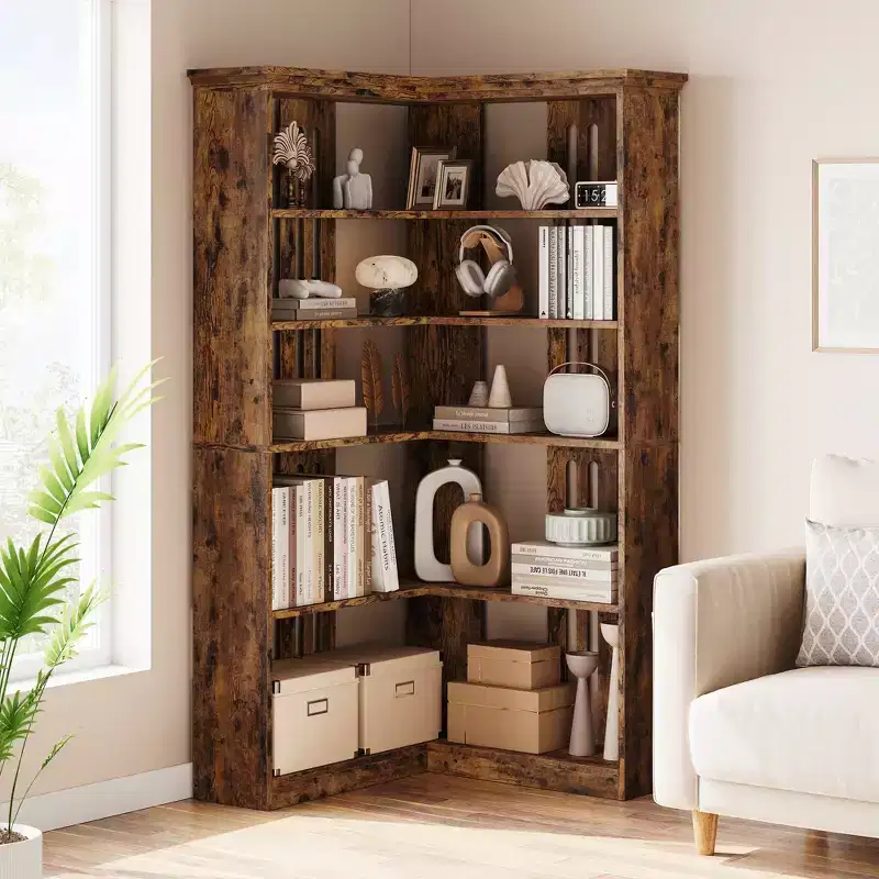 72 L-Shaped Corner Bookshelf, 5 Tier Wooden Bookcase with Baffles, Freestanding Open Display Rack, Modern Corner Shelf