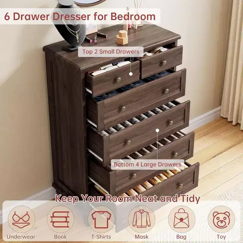Wood 6-Drawer Dresser with Tapered Legs — Distressed Finish