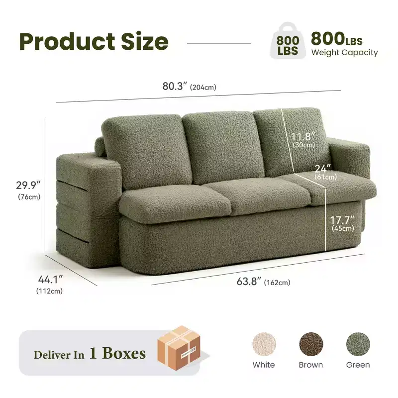3 Seater Folding Sofa Bed, Memory Foam Sofa Couch With Pillows, High Density Foam Mattress for Living Room, Mint Green
