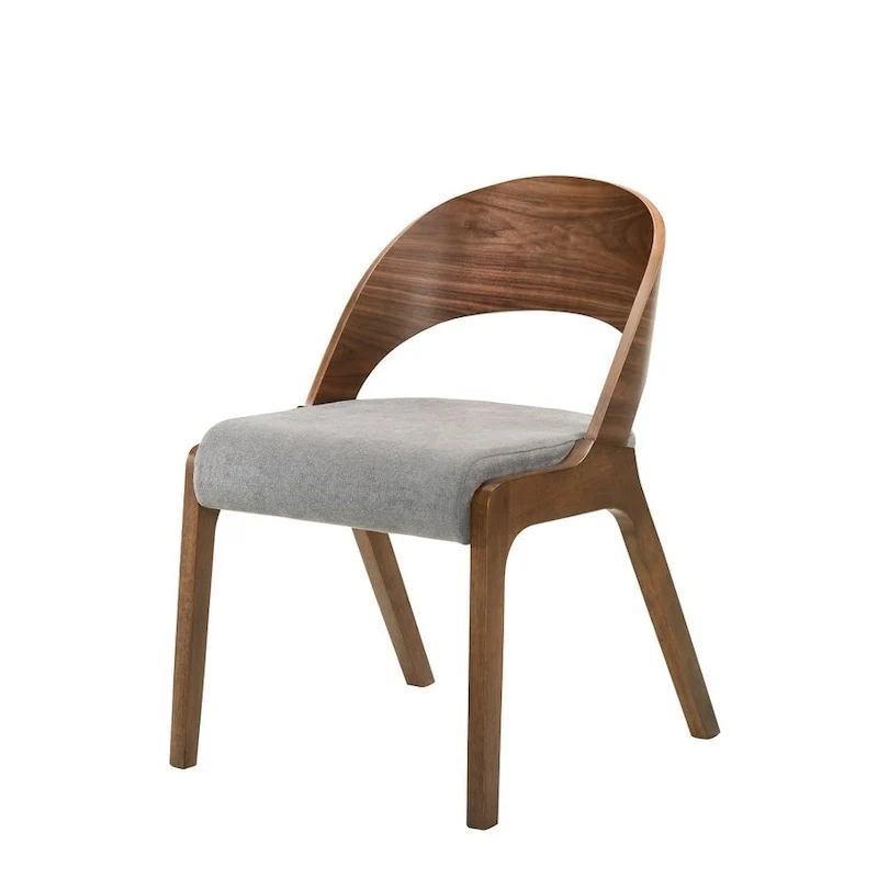 Set of 2 Modern Dining Chairs, Grey Fabric Upholstered Seat with Walnut Wood Legs