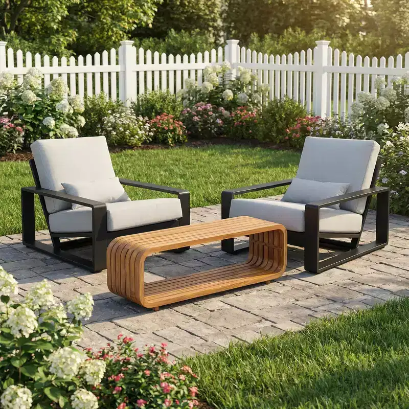 Christopher Knight Home Jisung Modern 3 Piece Patio Dining Set with Acacia Wood Coffee Table and 2 Aluminum Lounge Chairs