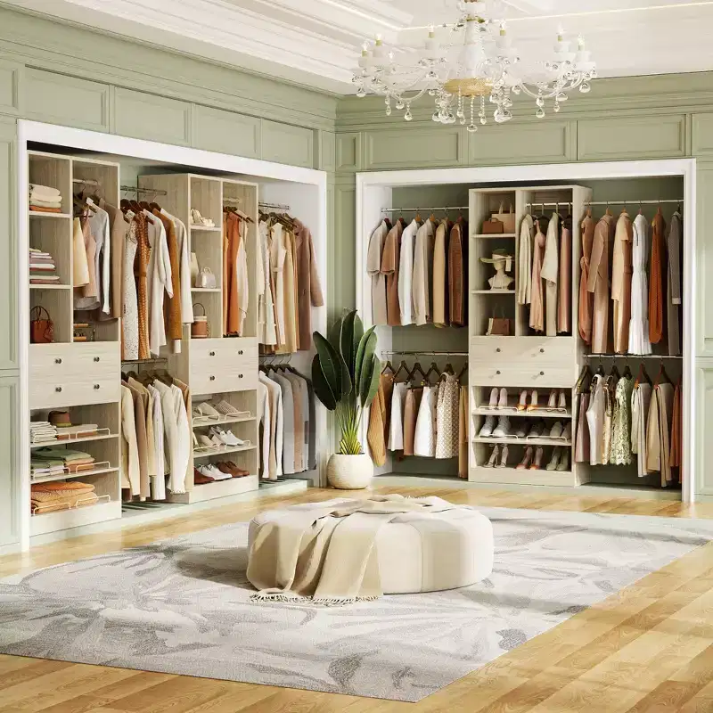 Besiost Wooden Closet System with Shoes Shelf and Drawer, Closet Organizer Storage with Drawer