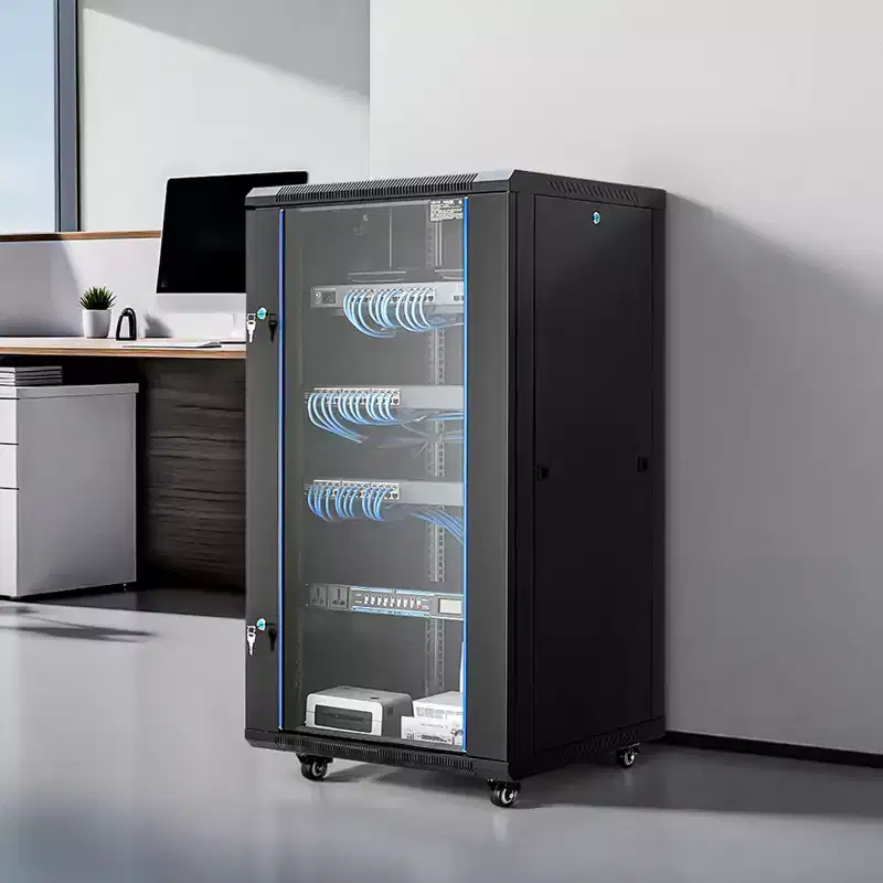 Black 22U Wall Mount Network Cabinet Rack Enclosure, Single-Unit, Locking Glass Door