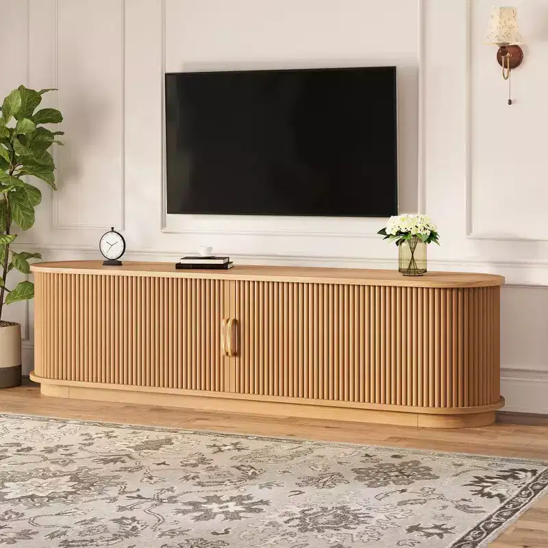 Vintage Rustic TV Stand with Sliding Wood Slatted Doors, 75 Farmhouse Fluted Media Console with Drawer (Natural Wood Grain)