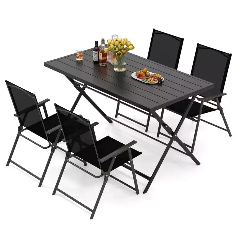 Costway 5 PCS Foldable Outdoor Dining Set,Large Rectangular Metal Table 4 Mesh Armchairs Black