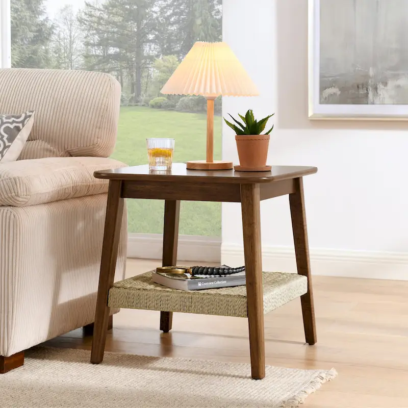 23 Mid-Century Side Table with Woven Shelf