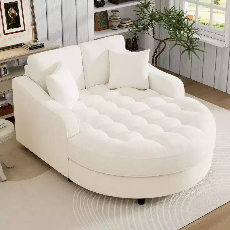 Wooden Chenille Upholstered Chaise Lounge Sofa Bed with Tufted Seat and Detachable Pillows