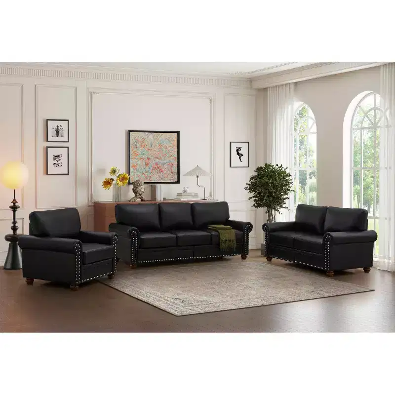 MAYEERTY 3 Pieces Sectional Faux Leather Sofa with Storage Silver Nails for Living Room Black