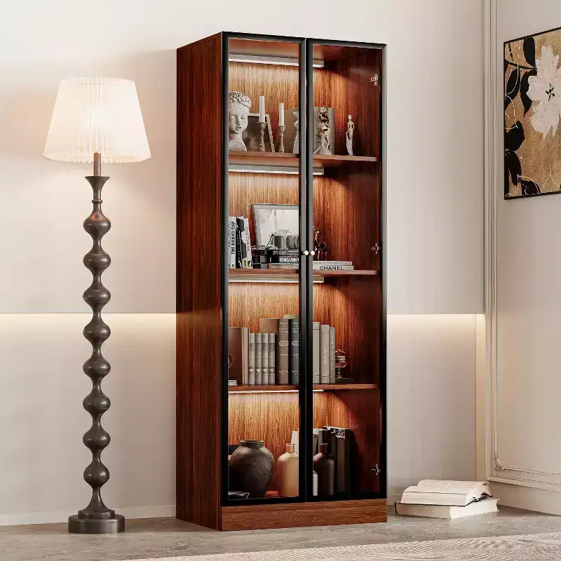 23.6'' Brown Glass Display China Cabinet Liquor Curio Storage Hutch, Mid Century Modern Wooden 4-Tier Dining Shelf with Led for Living Room