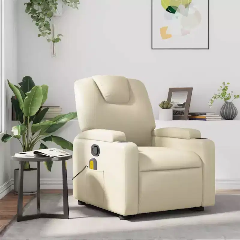 Massage Recliner Chair with 6-Point Vibration, Adjustable, Cream Leather